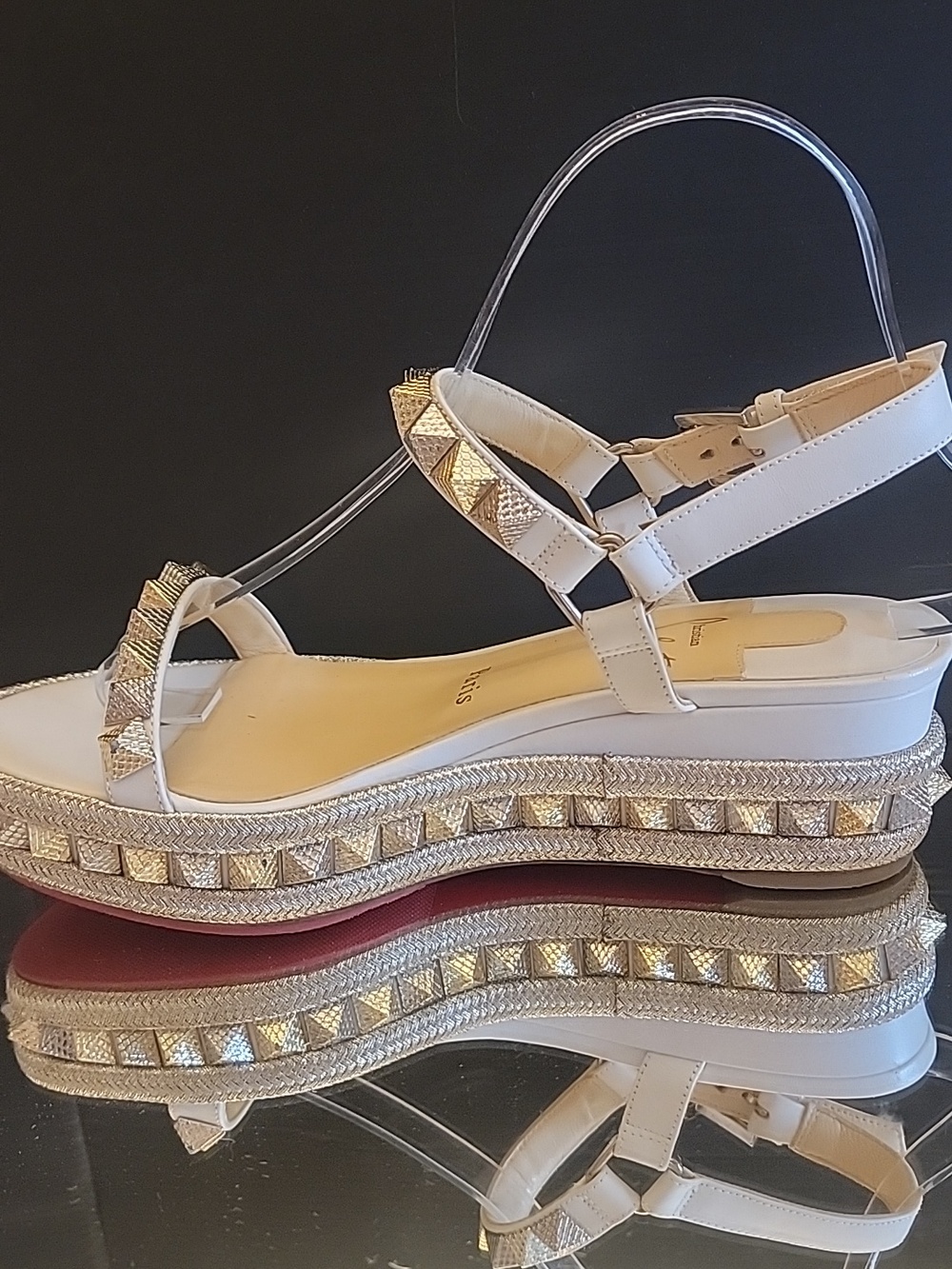 Christian Louboutinn White Kid Leather  Studded Sandals with Gold Accents Sz36 - Picture 3 of 14